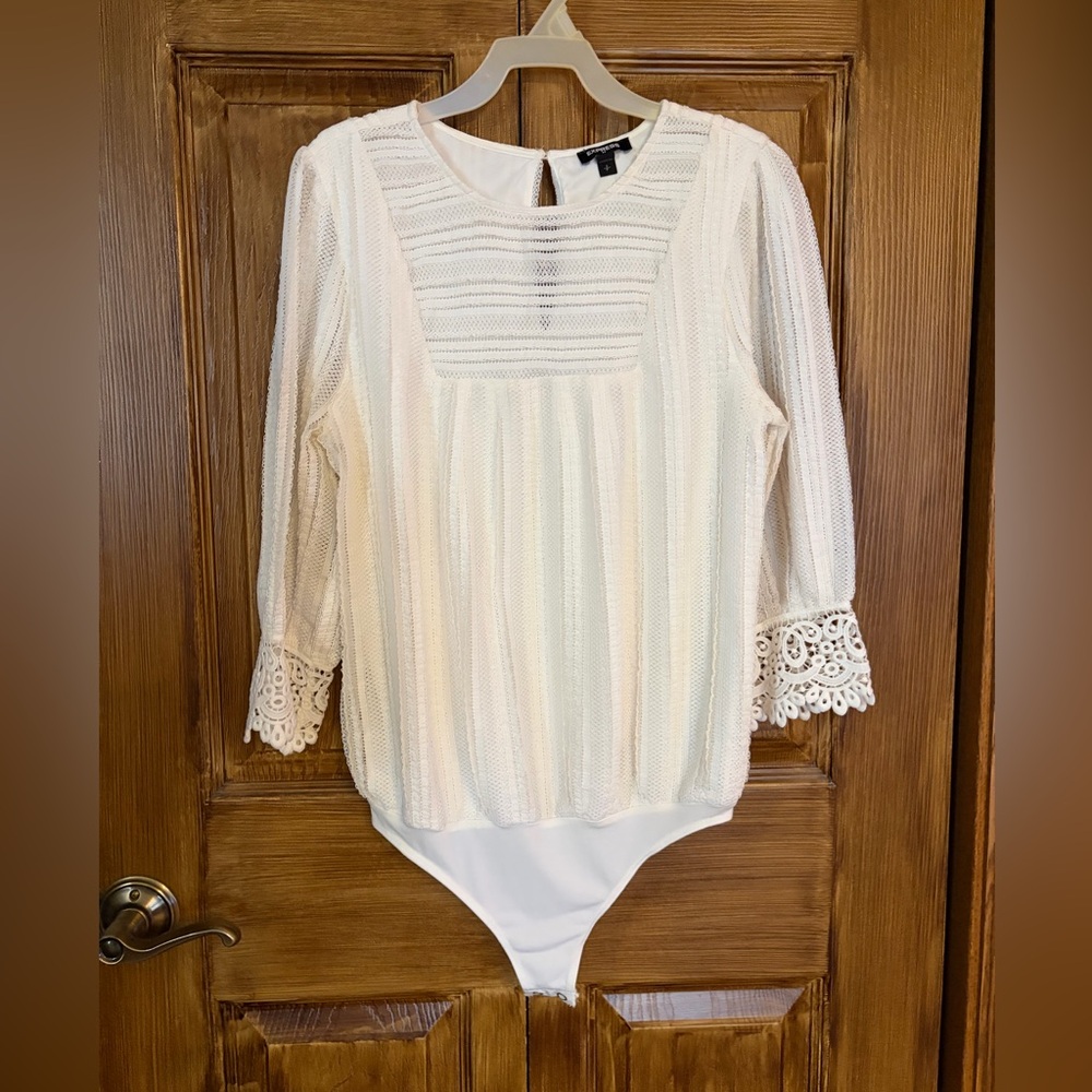 Express Cream Crochet Lace Bodysuit Top